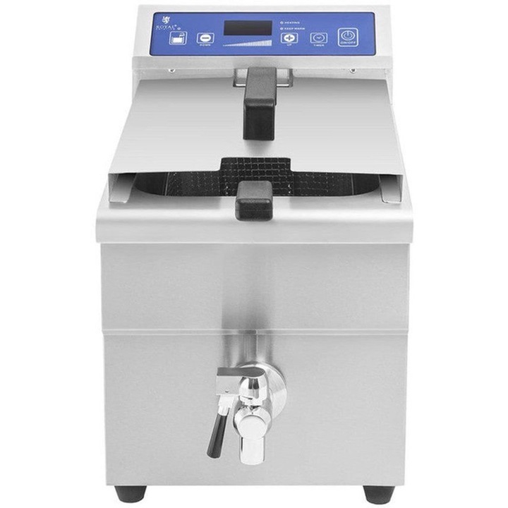 Friteuza profesionala cu inductie Corenia QRE-2014319, 10 L (max 5,5 L ulei), 3500 W, temperatura 60–190°C, timer, robinet de scurgere, display tactil LED, inox, 39 x 28,5 x 41 cm
