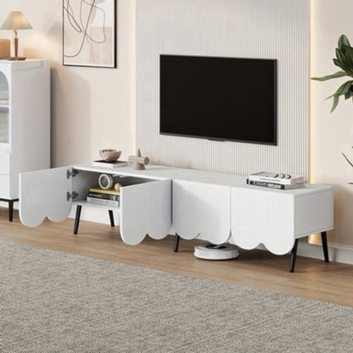 Comoda TV Corenia QRE-2077645, lowboard modern cu fronturi ondulate in luciu, negru/alb, 170 cm, pentru TV pana la 70"