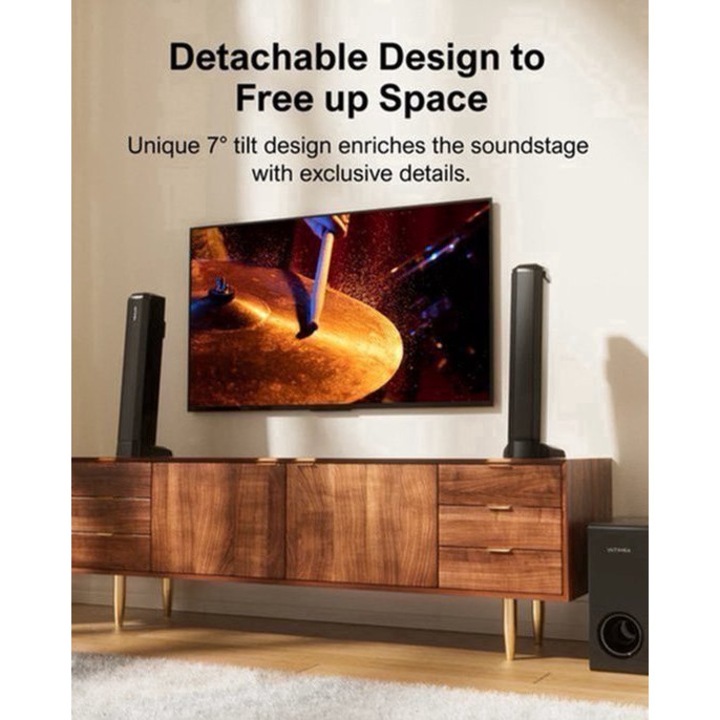 Soundbar Corenia QRE-2016945 4.1CH cu subwoofer cablat, 200W, Bluetooth 5.3, ARC/HDMI/optic/AUX, design detasabil pentru montaj pe perete, negru, 440 x 270 x 156 mm