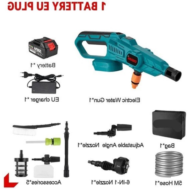 Aparat de spalat cu presiune Corenia QRE-2017275, 200 bar, 3500W, duza 6-in-1 reglabila, compatibil cu acumulator 18V, turcoaz/negru, include 1 acumulator si 1 incarcator