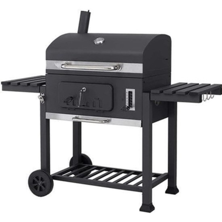 Gratar pe carbune Corenia QRE-2104534, suprafata de gatit extra mare, sertar pentru carbuni, 2 polite rabatabile, carucior cu roti, finisaj portelan emailat, cadru inox, negru