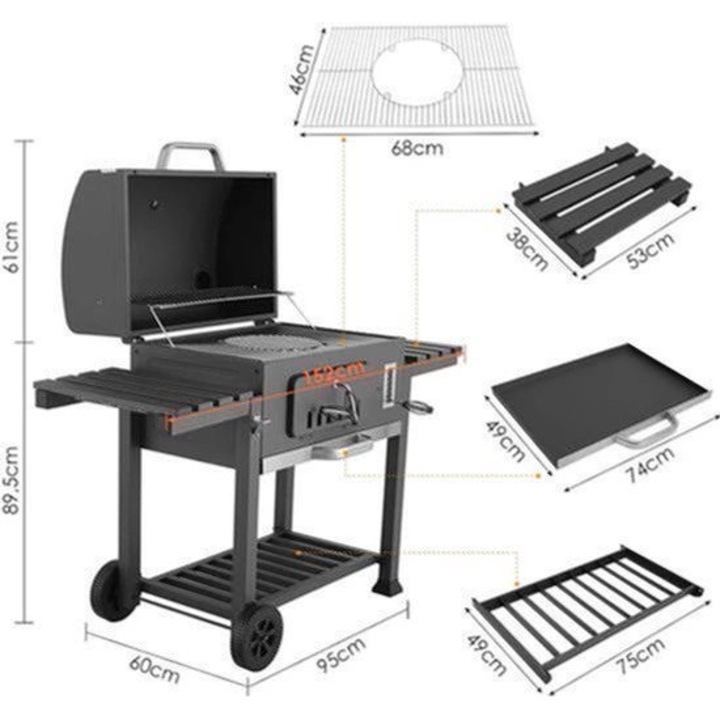 Gratar cu carbuni Corenia QRE-2077938, suprafata mare de gatit, sertar pentru carbuni, 2 mese laterale rabatabile, carucior cu roti, finisaj emailat portelan, otel inoxidabil, negru