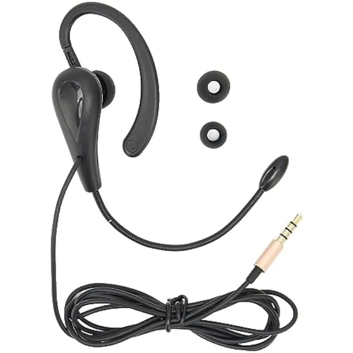 Слушалки за кол център с моно микрофон K0579-CJ-260905-049, регулируема кука за ухо, 3.5мм жак, гъвкав микрофон с активно намаляване на шума, позлатен конектор, силиконови накрайници S/M/L, черни