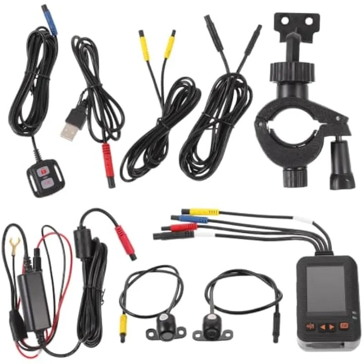 Camera auto DVR K0579-CJ-260905-135, Full HD 1080p fata + spate, rezistenta la apa, inregistrare in bucla, monitorizare parcare, kit cu ecran si suport motocicleta