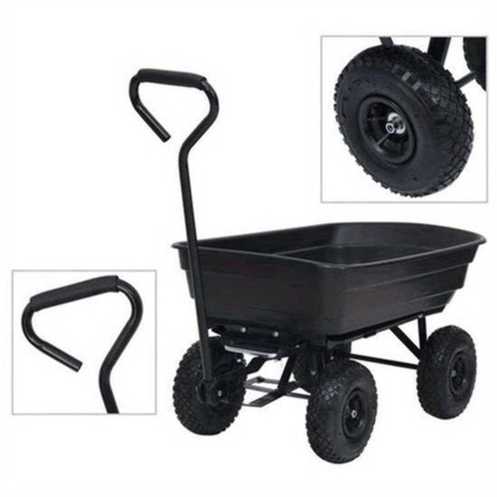 Carucior de gradina Corenia QRE-2100913, cadru metalic, capacitate 300 kg, 4 roti all-terrain, maner ergonomic, negru