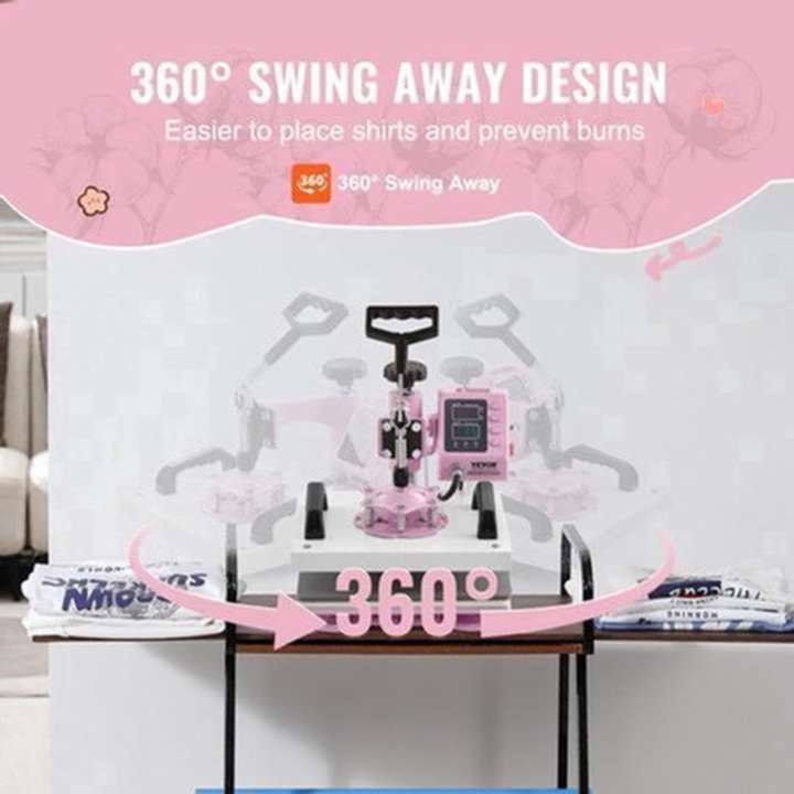 Presa termica Corenia QRE-2100877 pentru sublimare, placa 12x10 inch (30x25 cm), design 360° swing-away, digitala cu ecran LCD, reglaj presiune, 700W/900W, roz