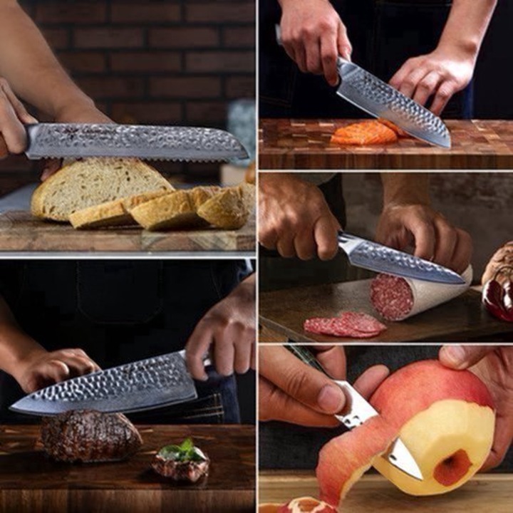 Set de 3 cutite de bucatarie Corenia QRE-2043600, VG-10 japonez otel Damascus, maner resin ergonomic portocaliu, include cutit bucatar/santoku/cutit pentru curatat