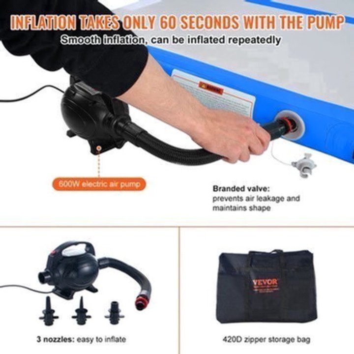 Saltea gonflabila de gimnastica Corenia TT-M-20-B, air track 10 cm grosime cu pompa electrica inclusa, PVC durabil, albastru, 597,9 x 101 x 10 cm