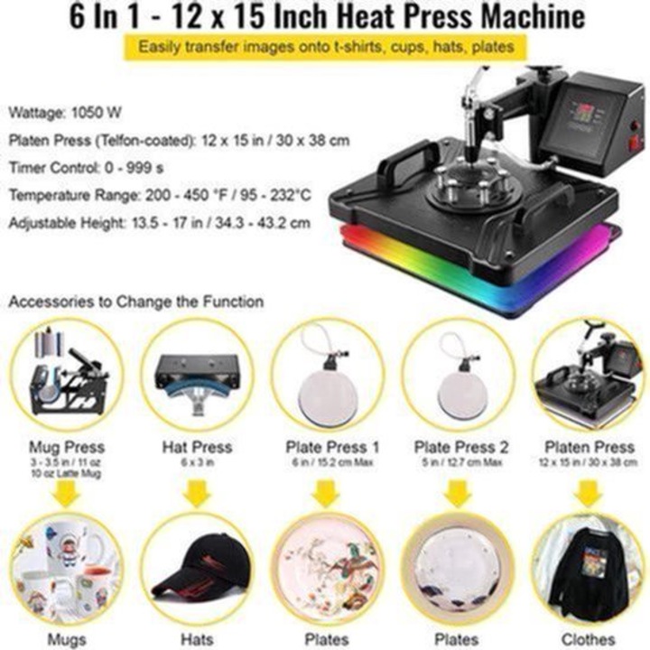 Presa termica 6-in-1 Corenia QRE-2020500, 1250W, platou 30 x 38 cm (12x15 inch), pentru tricouri, cani, sepci si farfurii, negru