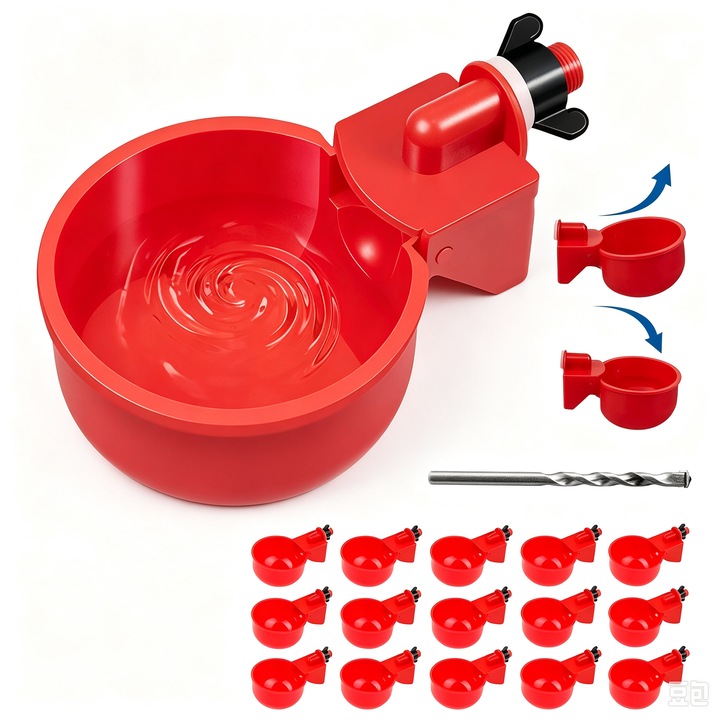 Set 18 adapatori de adapare automata pentru pasari, 31LPKP-K0274-260905-370, cu umplere prin gravitatie, din plastic, rosu, include burghiu