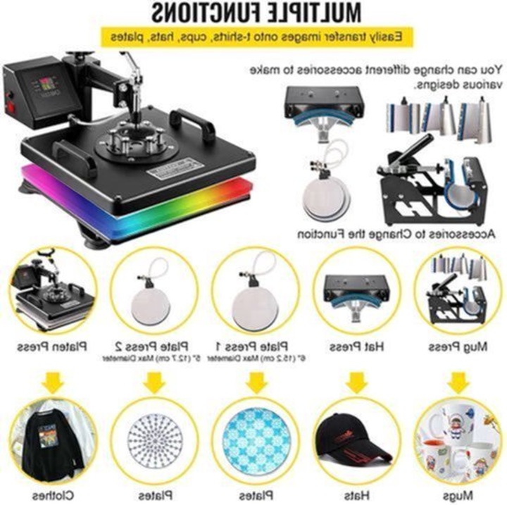 Presa termica Corenia QRE-2061209, 30 x 38 cm, brat rotativ 360°, control digital temperatura si timp, multifunctional pentru tricouri/sepci/cani, negru