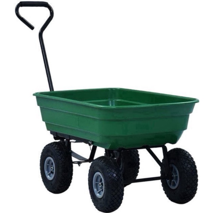 Carucior de gradina basculant Corenia QRE-2021247, 75 l, capacitate 300 kg, cadru otel, cuva poliester, roti pneumatice, verde