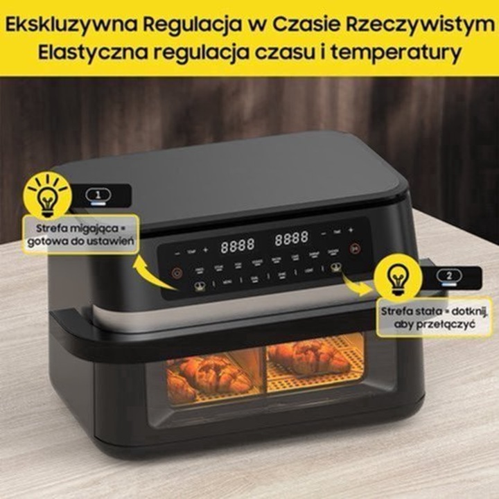 Airfryer Corenia QRE-2021303 Dual-Zone digital, 11 L (2 x 5,5 L) cu divider detasabil, 2950 W, pana la 200°C, 8 programe, fereastra transparenta, negru