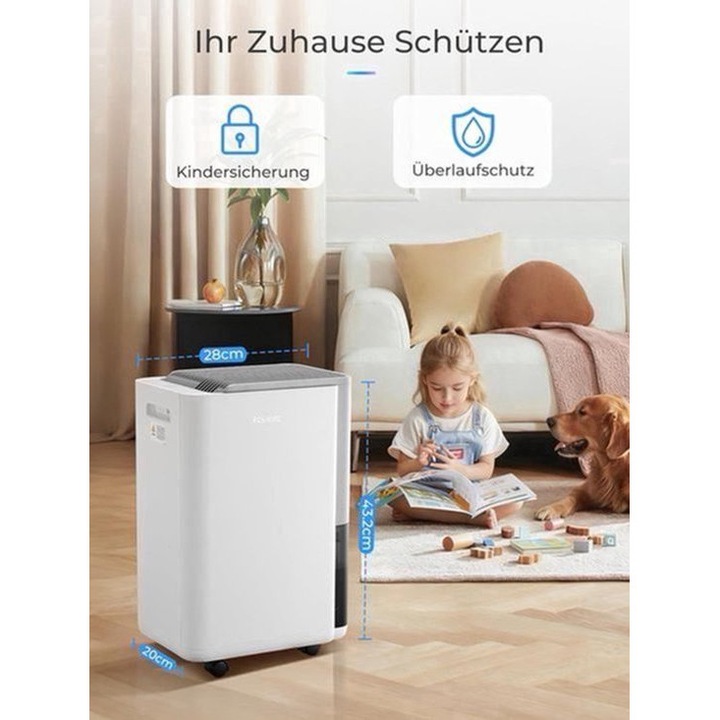 Dezumidificator Corenia QRE-2021336, compact portabil silentios cu rezervor de apa, pentru camere mici–mijlocii, alb, 28 x 20 x 32 cm