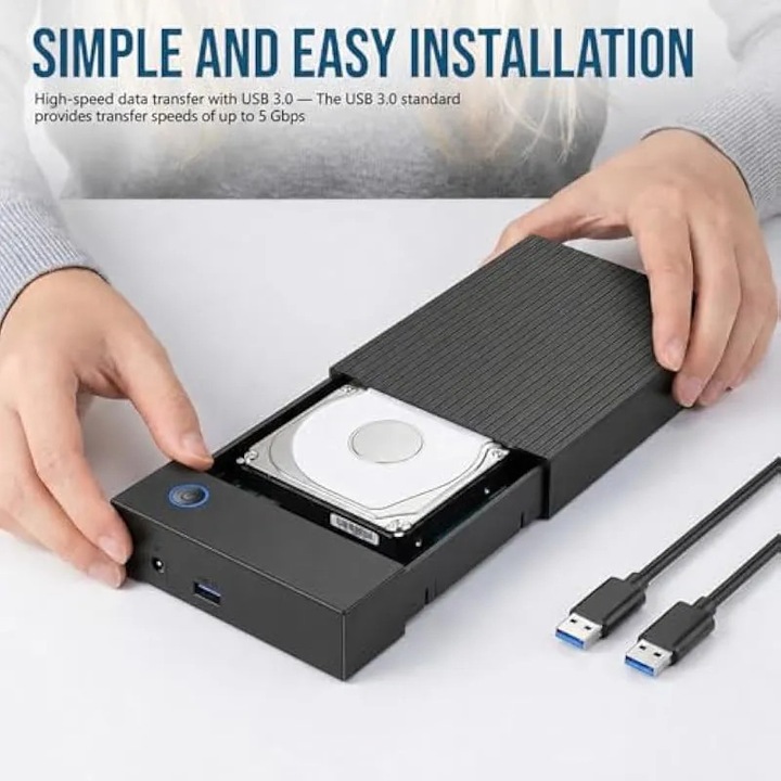 Външна кутия за HDD/SSD SATA модел K0588-CJ-260905-3333, USB 3.0 UASP 5 Gbps, поддържа 2.5/3.5 инча до 18TB, включва адаптер 12V/2A, черна