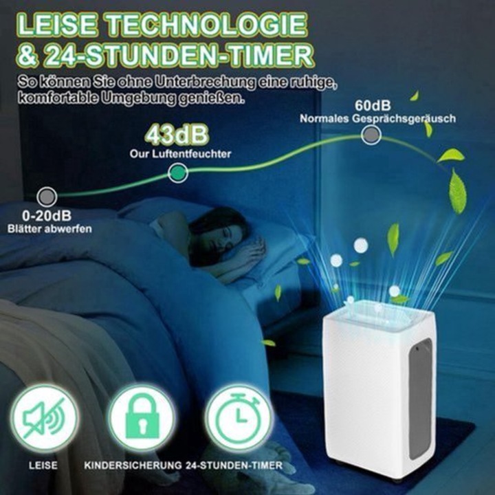 Dezumidificator Corenia QRE-2024093, 26 l/zi, rezervor 4,5 L cu scurgere continua, timer 24 h, auto-dezghet, ≤43 dB, pentru pana la 50 m², alb/gri, 305x235x495 mm