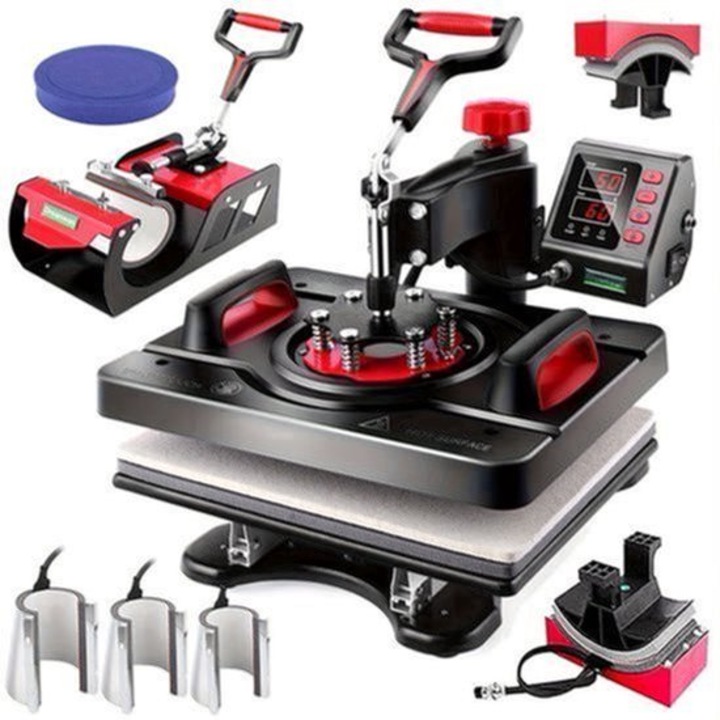 Presa termica 8-in-1 Corenia QRE-4511447, platou T-shirt 30x38 cm, brat rotativ 360°, temperatura digitala 0–232°C, timer 0–999 s, 800W, aluminiu cu strat Teflon, include 50 folii transfer, negru/rosu