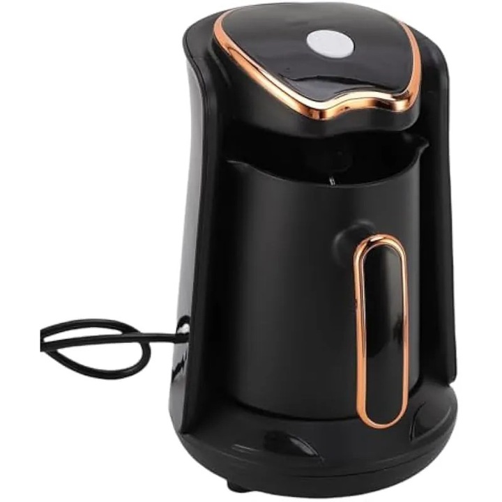 Aparat de cafea turceasca electric K0582-CJ-260905-302, 600W, pentru 4 cesti, anti-reflux si protectie anti-uscare, plita incalzire SS304, alarma sonora, stecher UK, negru/roz-auriu