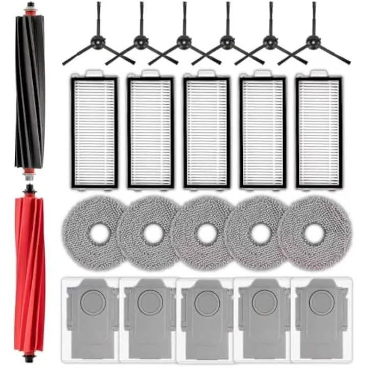 Set 23 piese de schimb compatibile cu Roborock Qrevo Master/Qrevo Slim, 2 perii rotative principale anti-incurcare, 6 perii laterale, 5 filtre HEPA, 5 saci de praf, 5 lavete mop, Multicolor, K0582-CJ-260905-073