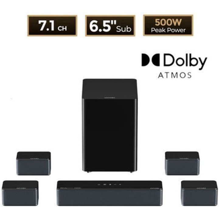 Soundbar home cinema Corenia QRE-2070508, 7.1 canale, Dolby Atmos, subwoofer wireless 6.5", 500 W peak, 4 sateliti surround, HDMI eARC, negru