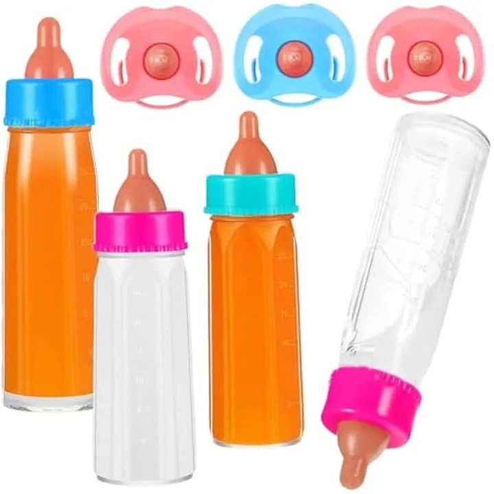 Set de 7 biberoane pentru papusi, 4 biberoane de jucarie pentru papusi cu lapte sau suc care dispare si 3 suzete de jucarie, accesorii pentru papusi cu simulare realista