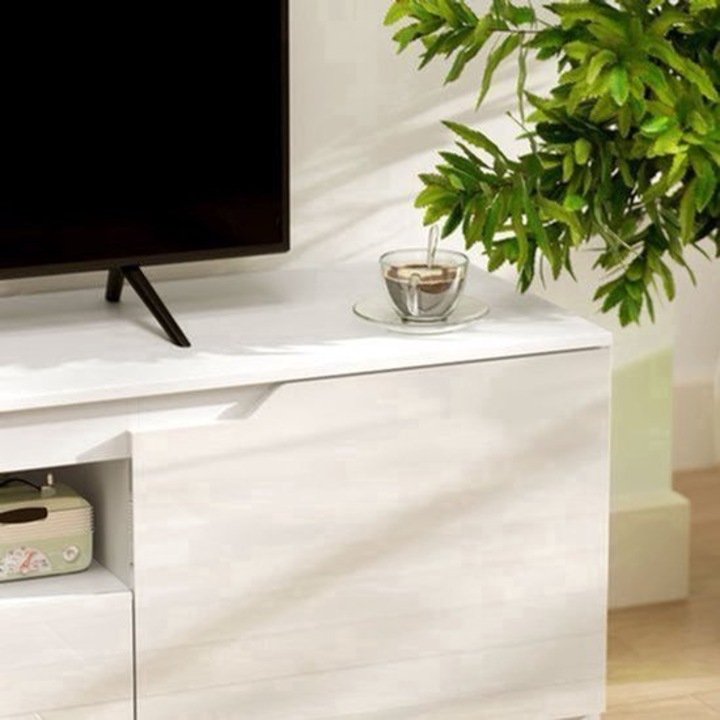 Comoda TV Corenia QRE-2025653, pentru TV pana la 65 inch, 160 cm latime, 2 usi si sertar cu gestionare cabluri, alb