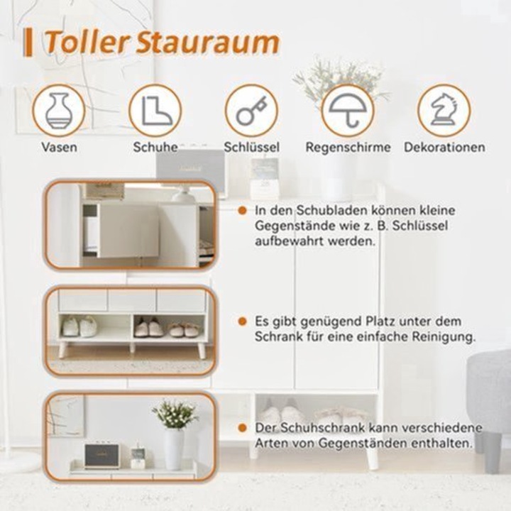Dulap de depozitare Corenia QRE-2026342 cu 5 sertare si polite reglabile, bambus, alb, 99 x 90 x 35 cm