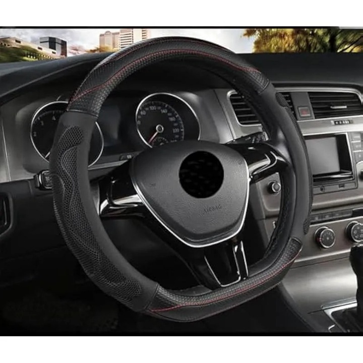 Husa pentru volan cu taietura D - piele microfibra cu fund plat in forma de D, antiderapanta, respirabila, 14 "5" -15" (negru)