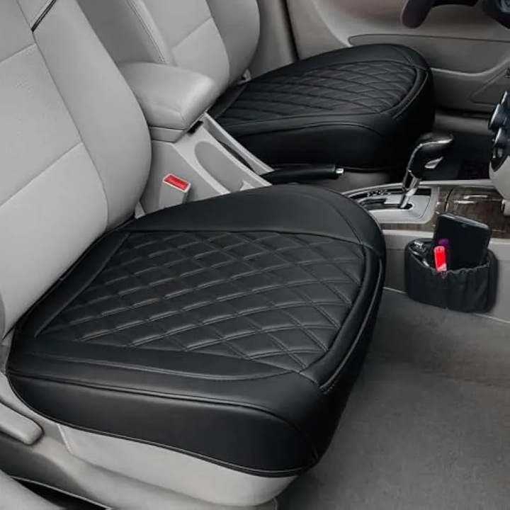 BEITK Husa auto din piele, pachet de 2 huse pentru scaun auto fata, antiderapante si complet invelitoare, cu buzunar de depozitare, perna auto de lux impermeabila pentru majoritatea vehiculelor (negru)