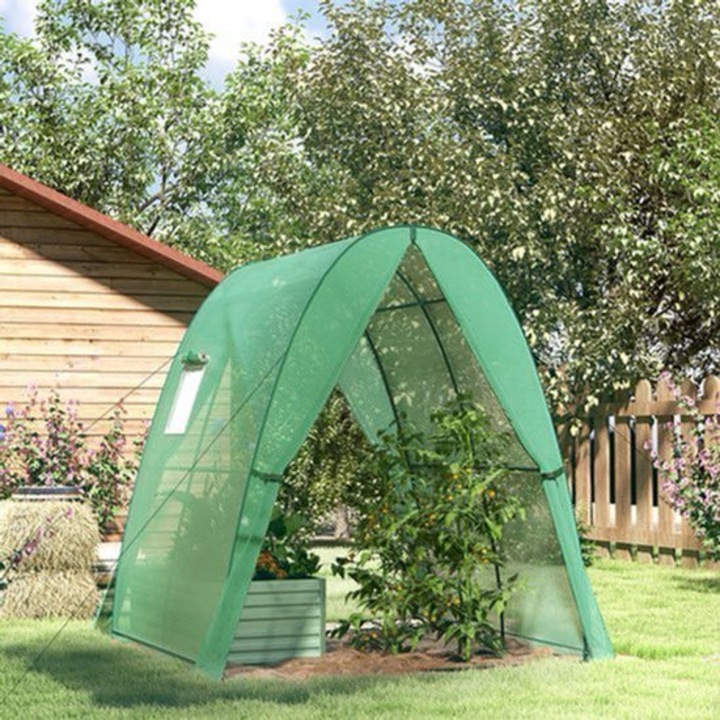Sera tunel Corenia QRE-2076706, folie plastic rezistenta, 2 usi rulou, ferestre cu plasa si saci de ancorare, verde, 1,8 x 1,8 x 2 m