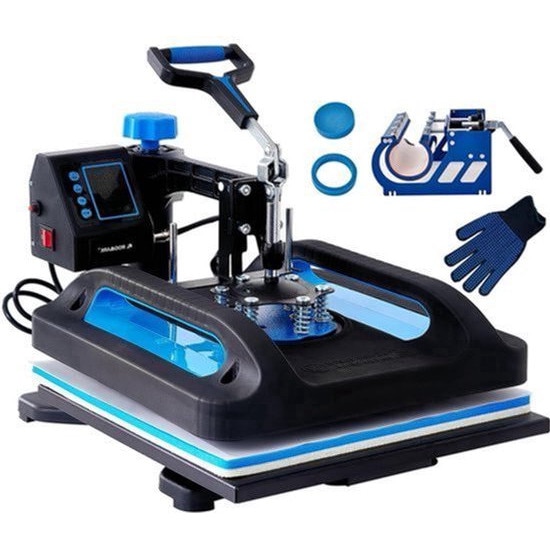 Presa termica 8-in-1 Corenia QRE-2028076, platou 30 x 38 cm, 1250W, control digital, 360° rotativa, Teflon, accesorii pentru tricouri, cani si palarii, negru/albastru