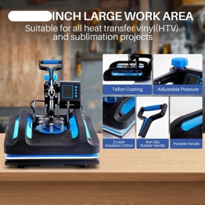 Presa termica 8-in-1 Corenia QRE-2028076, platou 30 x 38 cm, 1250W, control digital, 360° rotativa, Teflon, accesorii pentru tricouri, cani si palarii, negru/albastru