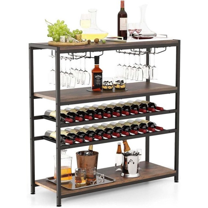 Suport pentru sticle de vin Corenia QRE-2028612, 5 niveluri cu suport pentru pahare, cadru metalic si polite din lemn, maro rustic, 107 x 43 x 14 cm