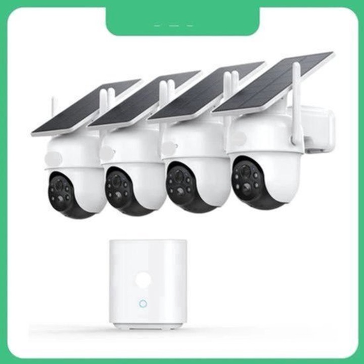 Sistem de supraveghere cu camere wireless Corenia QRE-2028613, 3MP, kit 4 camere PTZ 360°, alimentare solară cu acumulator, vizionare nocturnă color, stocare locala 32GB, IP65, compatibil Alexa/Google, alb