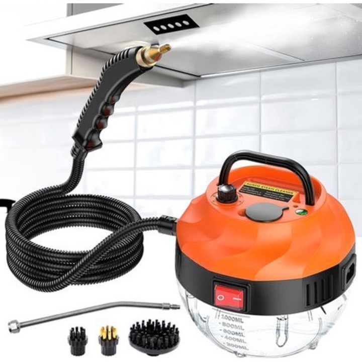 Curatator cu abur portabil Corenia QRE-2028966, 2500 W, rezervor 1000 ml, 6 trepte, 3 perii, portocaliu-negru