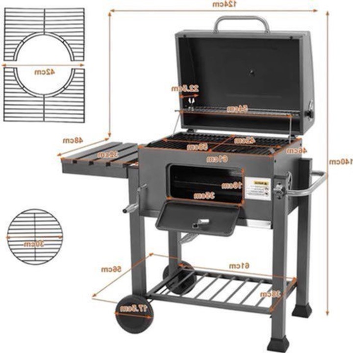Gratar pe carbuni Corenia QRE-2074563, cu capac si masa laterala rabatabila, manere si ventilare, metal cu acoperire termorezistenta, negru, 94 x 47 x 91 cm