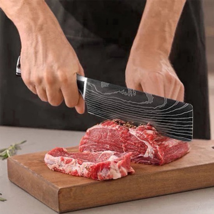 Set cutite de bucatarie Corenia QRE-2029059, lame tip Damascus, cutit santoku si chef incluse, negru, 6 piese