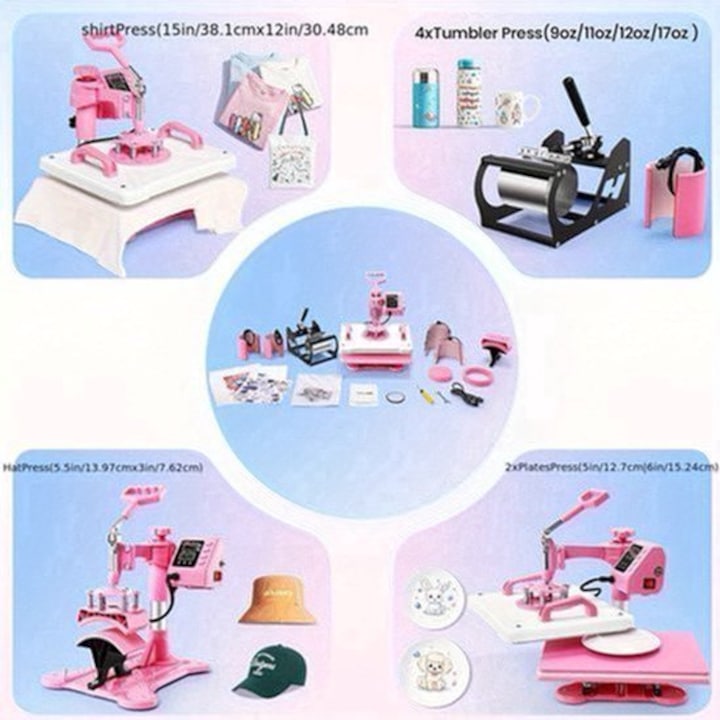 Presa termica Corenia QRE-2029647, 8-in-1 cu platou 38,1x30,48 cm, design 360° swing-away, accesorii pentru tricouri/sepci/cani/plate/tumbler, roz/negru