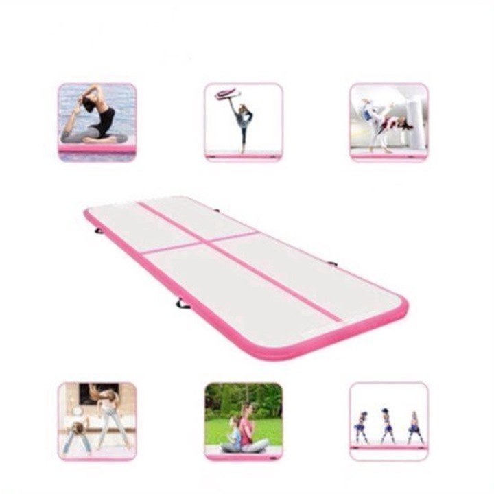 Saltea gimnastica gonflabila Corenia QRE-2029710, PVC durabil, rezistent la apa, portabila, 3 m x 1 m x 10 cm, alb/roz