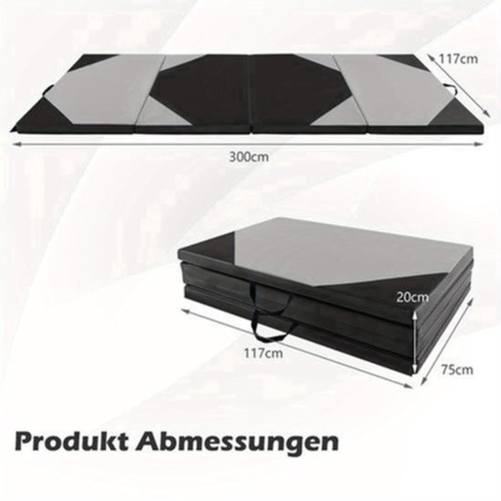 Saltea gimnastica Corenia QRE-2029920, pliata, EPE 5 cm pentru amortizare, husa PU antiderapanta cu banda velcro, negru/gri, 305 x 122 x 5 cm