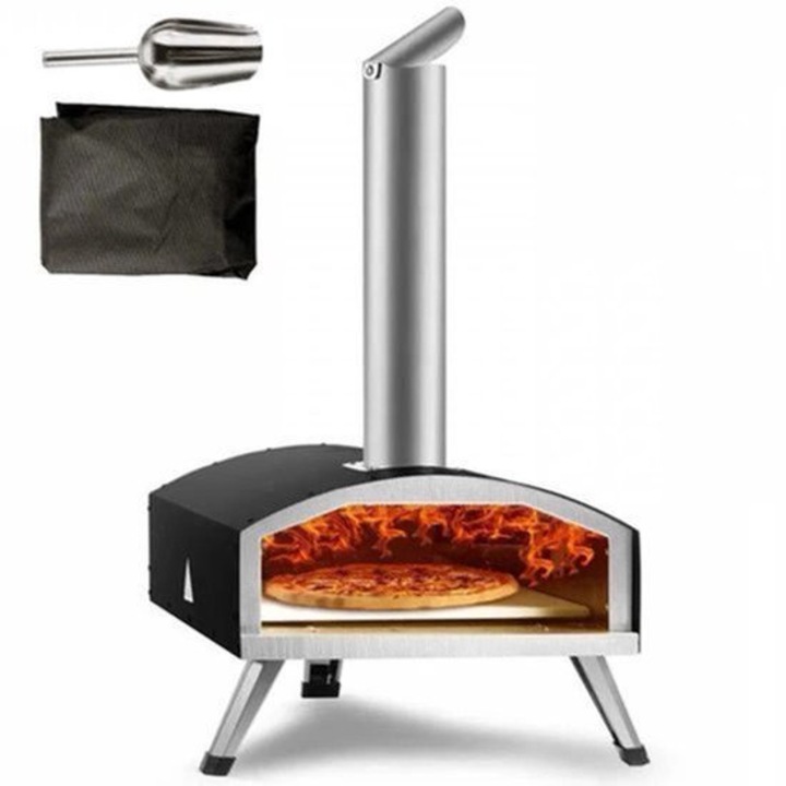 Cuptor pizza pentru exterior Corenia QRE-2030042, 12 inch, pana la 1000°F (540°C), functioneaza pe peleti/rumegus/carbune, piatra cordierit 30,5 x 30,5 x 1 cm, otel inoxidabil 430, portabil 9,6 kg, negru/argintiu
