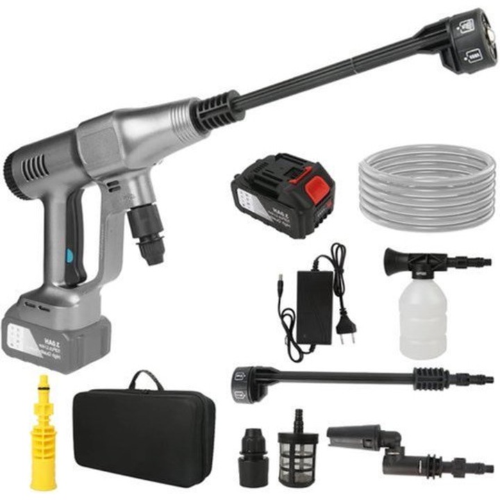 Aparat de spalat cu presiune Corenia QRE-2030063, pe acumulator 18V, 200 bar, motor brushless 3500W, baterie 15000mAh, furtun 5 m, duza 6-in-1, gri/negru