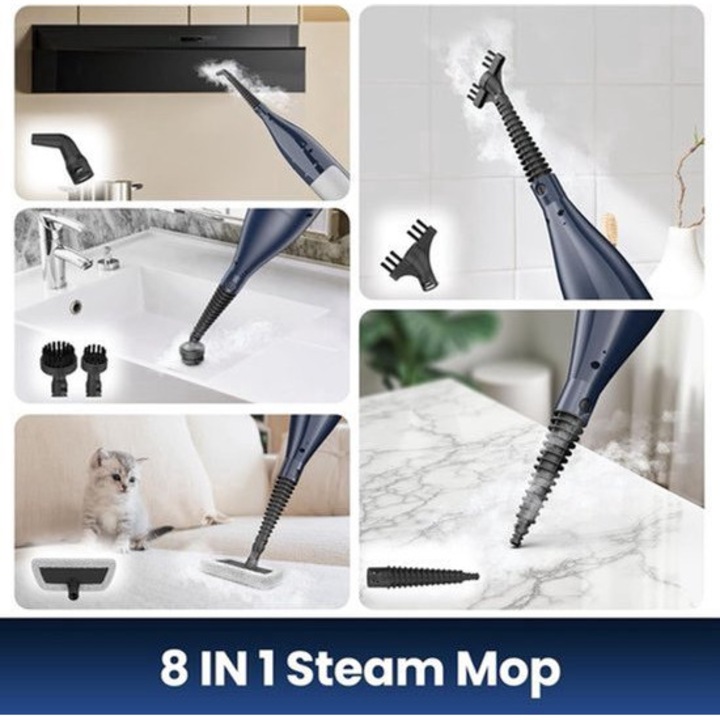 Mop cu abur Corenia QRE-2030067, 8 in 1, 1300 W, rezervor 330 ml, ABS, LED, paduri rotative si 3 trepte abur, pentru pardoseli sigilate, albastru inchis