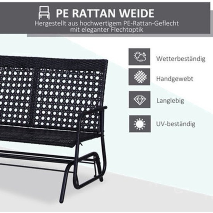 Leagan de gradina Corenia QRE-2070640, 2 persoane, cadru metalic vopsit, impletitura PE rattan rezistenta la intemperii, perne detasabile, negru, 130×70×120 cm