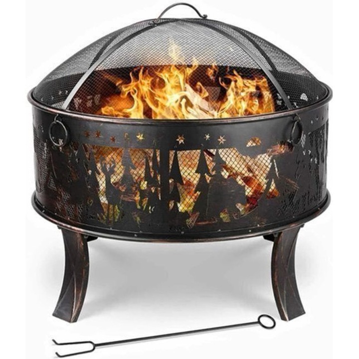 Gratar pe carbuni si vatra de foc Corenia QRE-2075340, metal cu strat rezistent la caldura, inclus gratar si tija pentru foc, negru, 69x69x65 cm