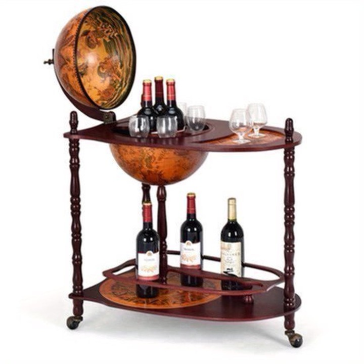 Minibar Corenia QRE-2059248, bar glob pentru vin din lemn masiv cu 4 roti, design in doua niveluri pentru sticle si pahare, maro