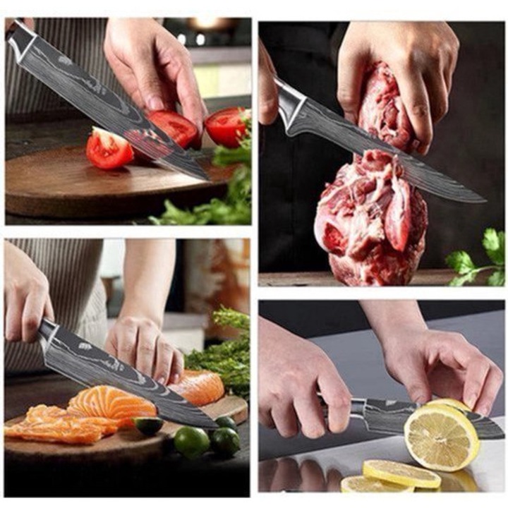 Set de cutite de bucatarie Corenia QRE-2037699, otel inoxidabil 7CR17, model Laser Damascus, include cutit chef si santoku, negru, 10 piese