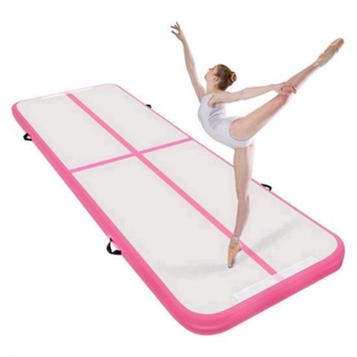 Saltea de gimnastica gonflabila Corenia QRE-2078398, PVC durabil, 3 m x 1 m x 10 cm, alb/roz