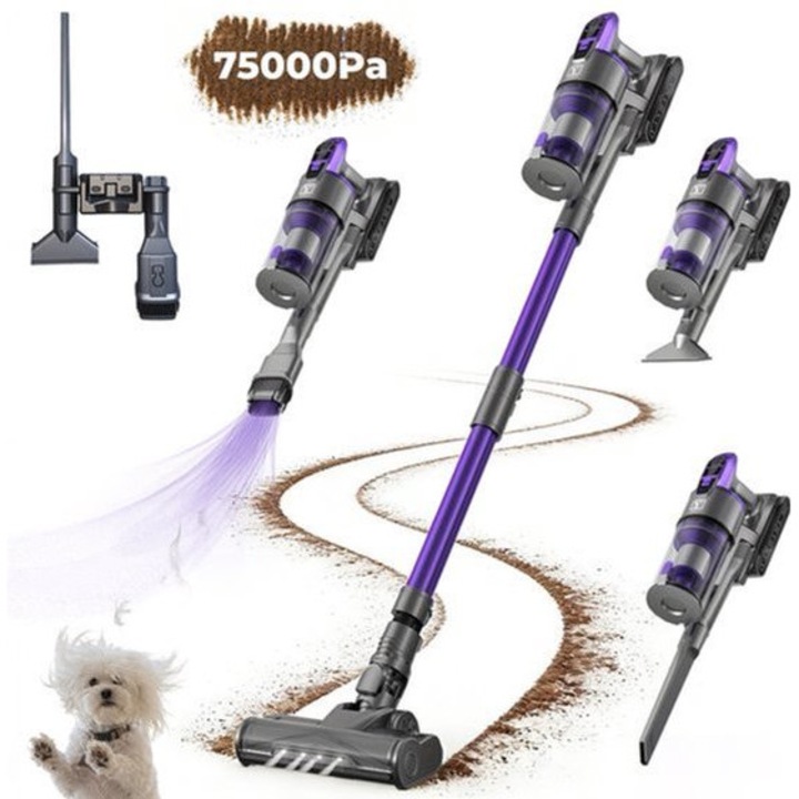 Aspirator vertical fara fir Corenia QRE-2031921, 75 kPa, 650 W, autonomie 70 min, fara sac, cu statie de incarcare, violet/gri