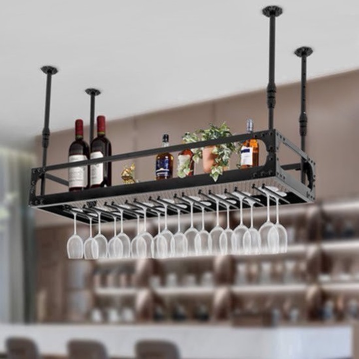Suport pentru sticle si pahare Corenia QRE-2031761, din fier robust, reglabil pe inaltime pentru montaj pe tavan, 35 x 100 x 55 cm, negru